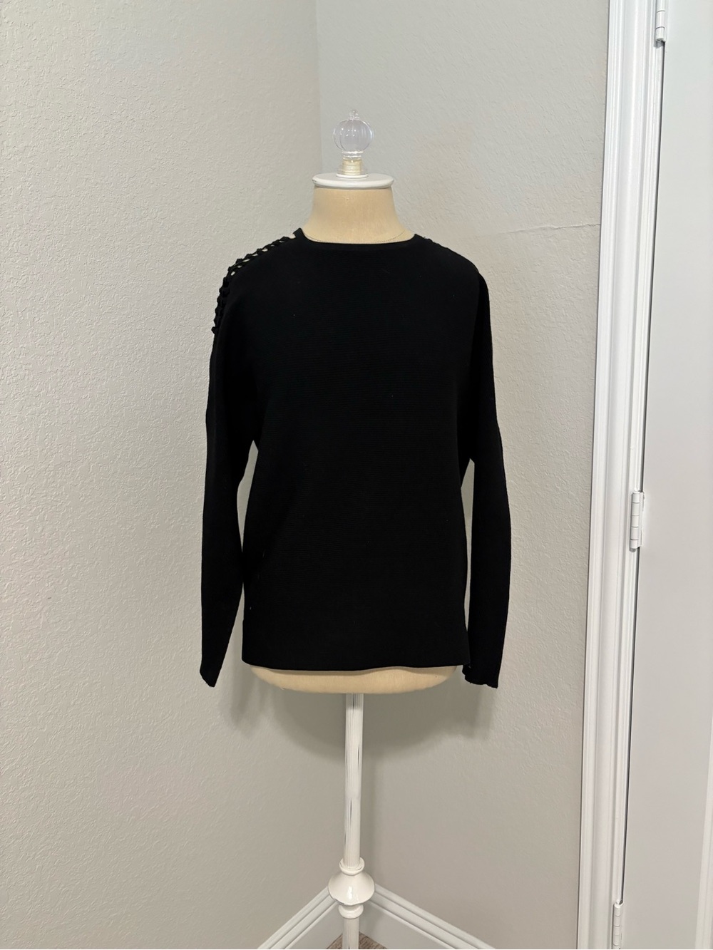 Carlisle Black Crewneck Sweater with Shoulder Eyelet Detail